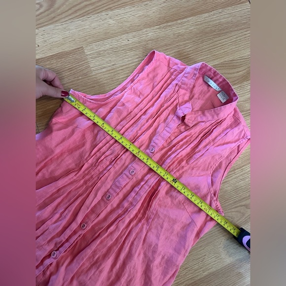 Tweeds Women’s Medium 100% Linen Button Up Tank Pleated Tied Back Shirt - Picture 3 of 4